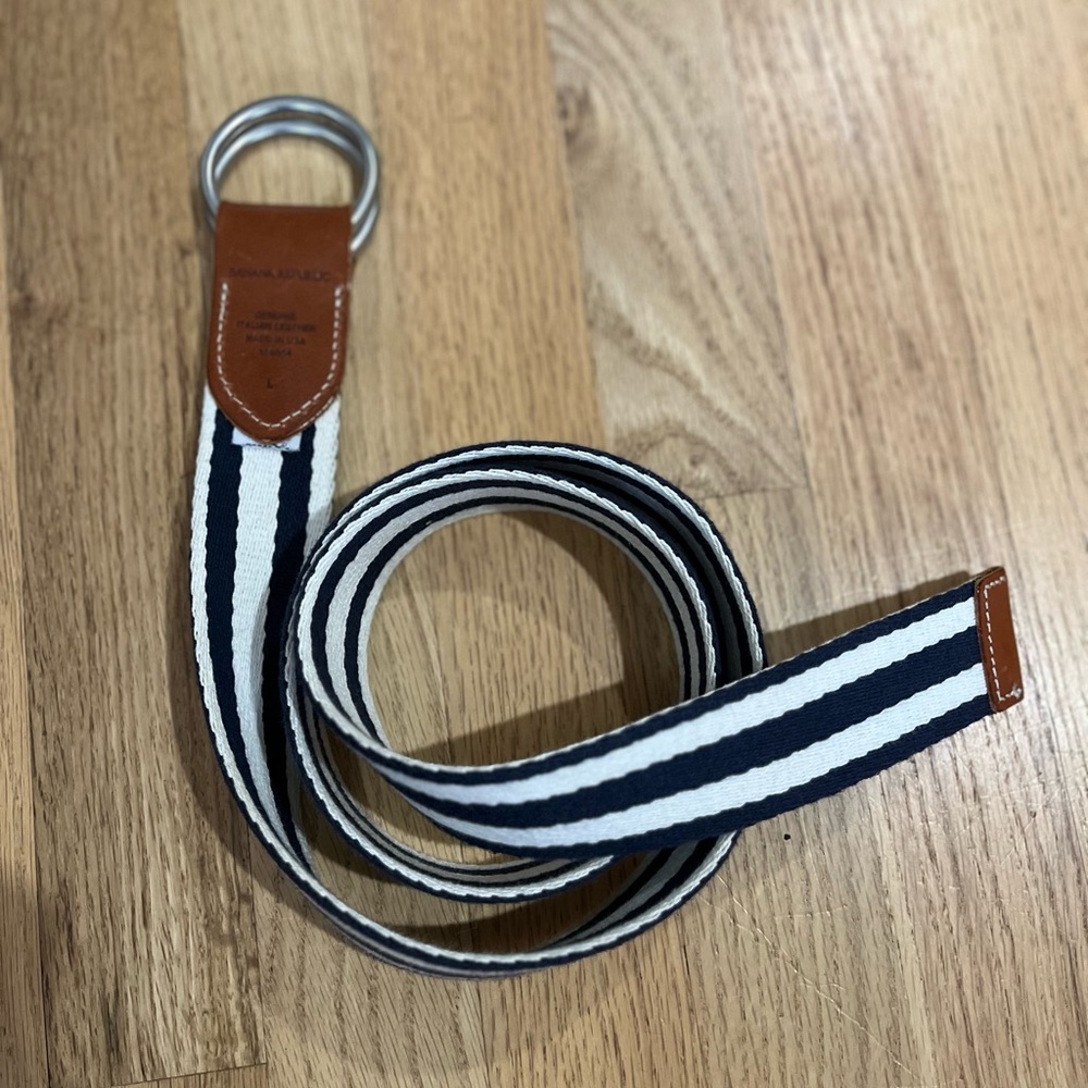 Navy/White Banana Republic Cloth/Leather Striped Belt Sz L - Picture 2 of 6